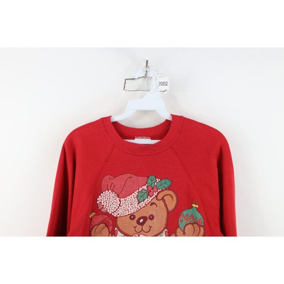 Vtg 90s Streetwear Womens Small Faded Christmas Teddy Bear Sweatshirt Red USA - Picture 2 of 15